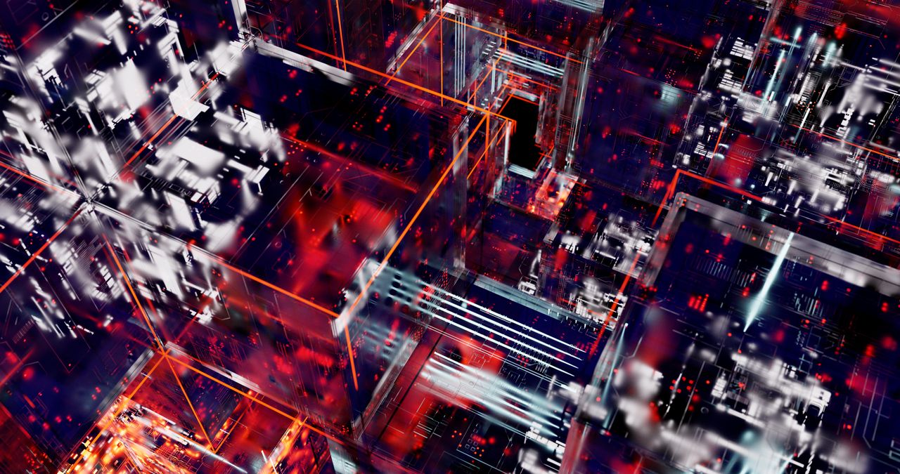 services-04 Dynamic abstract depiction of digital circuits with vivid lights and glowing lines.
