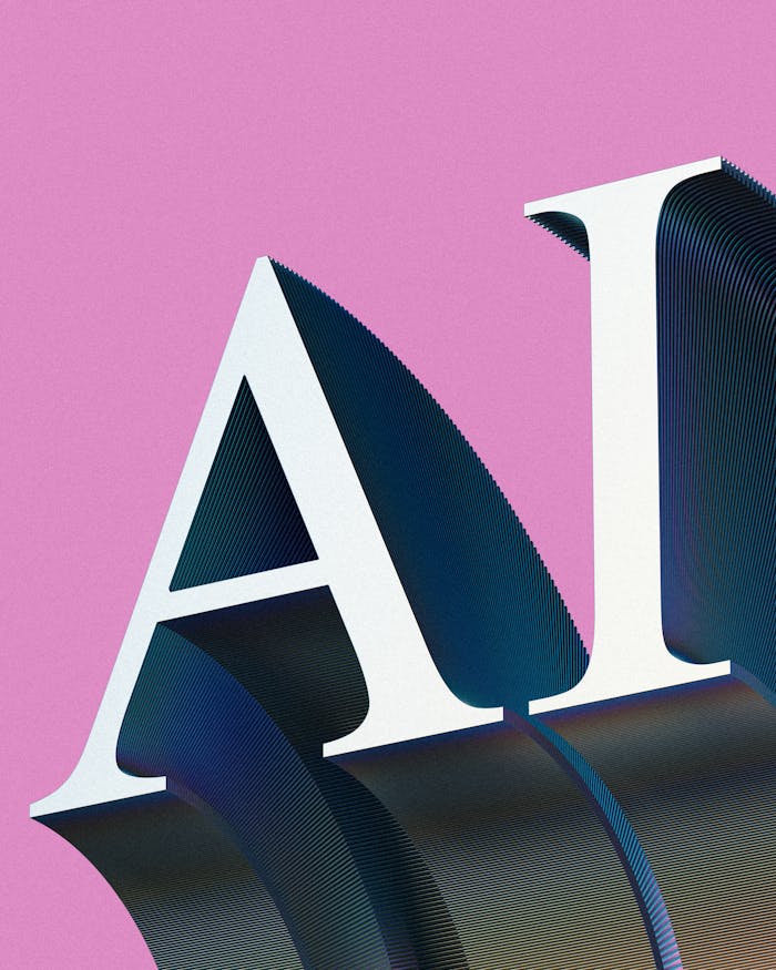heros-img Creative AI typography art with gradient effects on a pink backdrop.