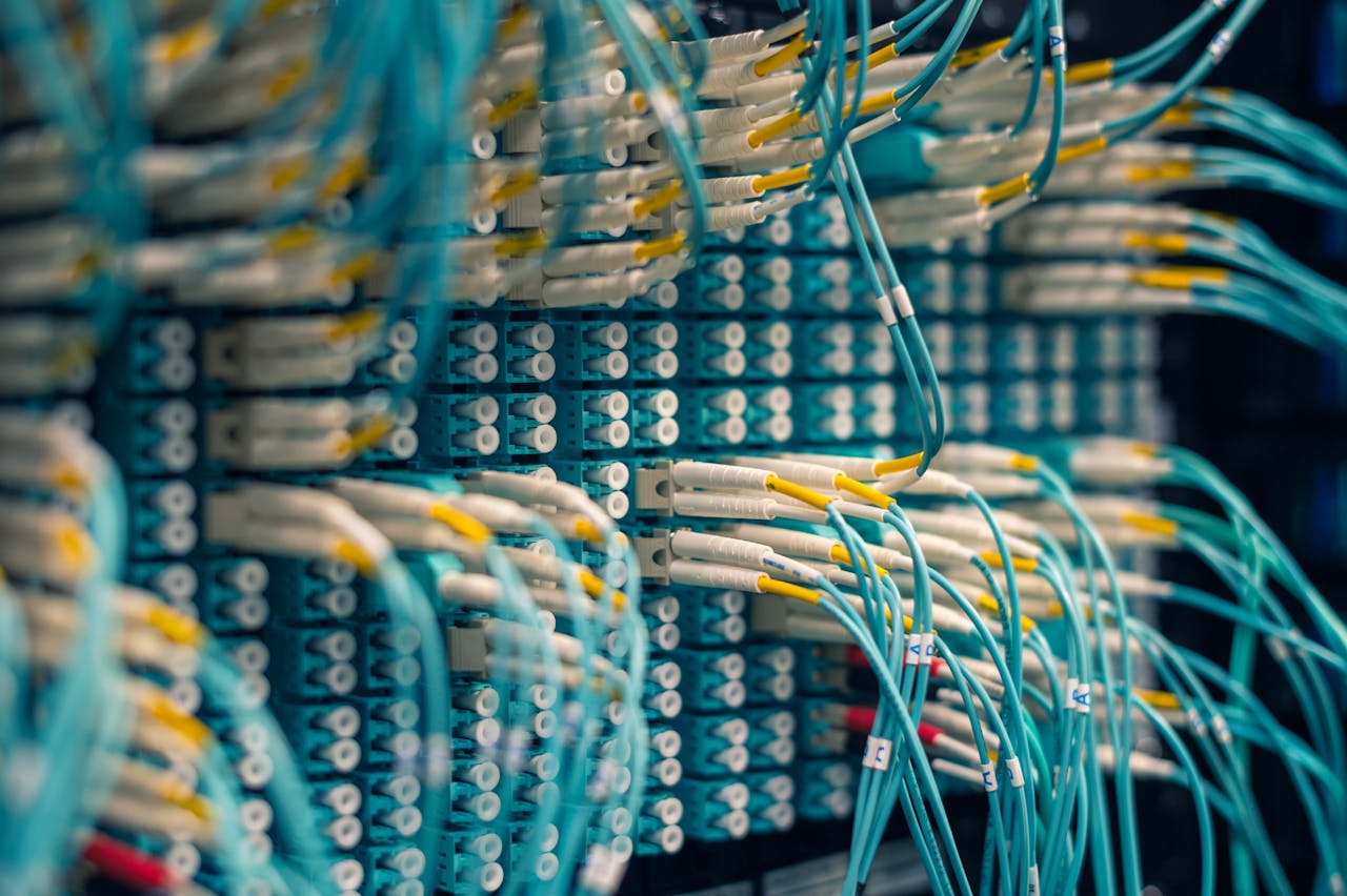 who-we-are Closeup of rows of tiny round white electrical connectors and long thin blue wires in data center