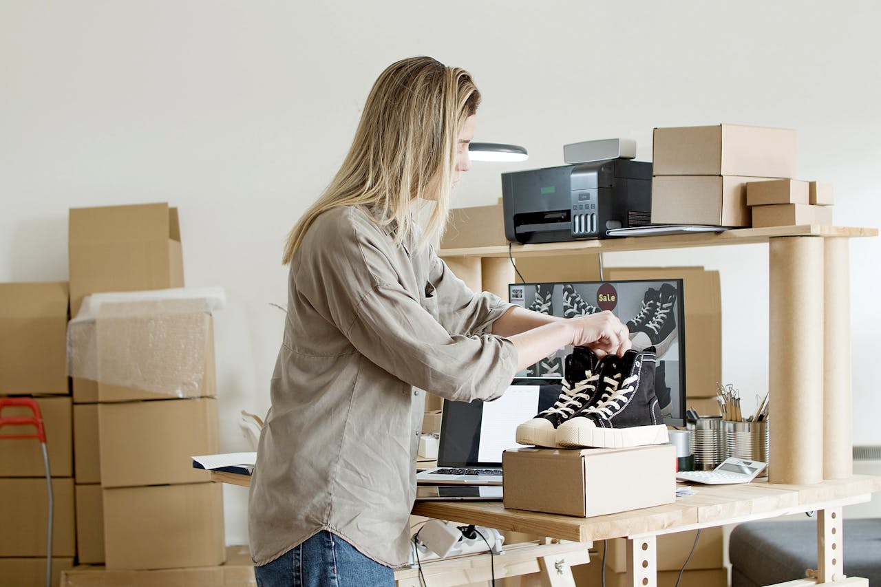 The Art of Drawing Readers In: Your attractive post title goes here A woman packs sneakers in a box at her e-commerce workspace, surrounded by packing materials.